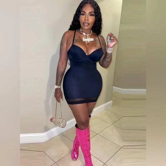 Bodycon Cami Solid Color Dress Sheer Detail - Picture 3 of 4